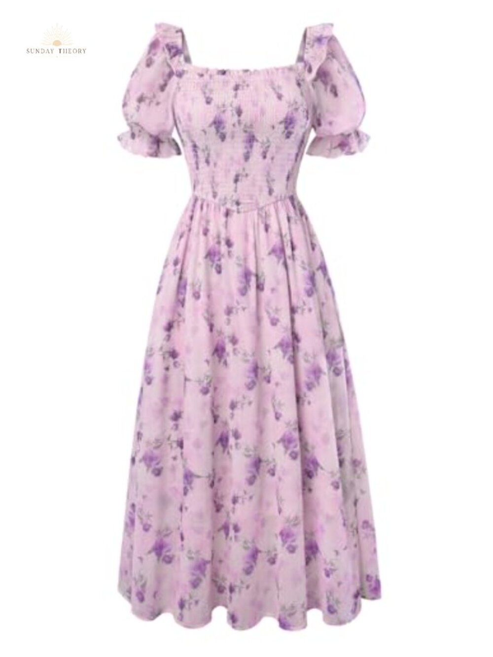 Scarlet Darkness Floral Chiffon Puff Sleeve A-Line Midi Dress Cottagecore